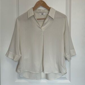 UNIQLO Cream Striped V-Neck Skipper Collared Blouse